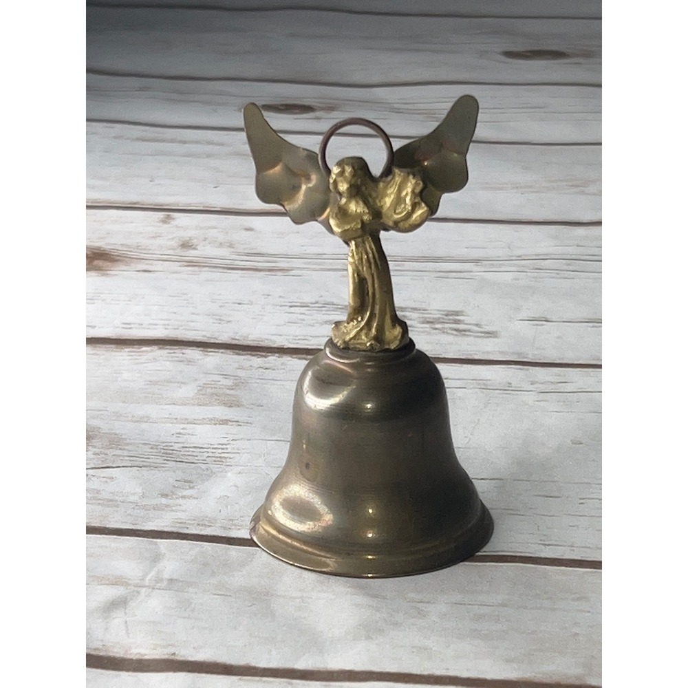 Vintage Brass Angel Hand Bell Gold Tone Winged Figurine Small 3.25in